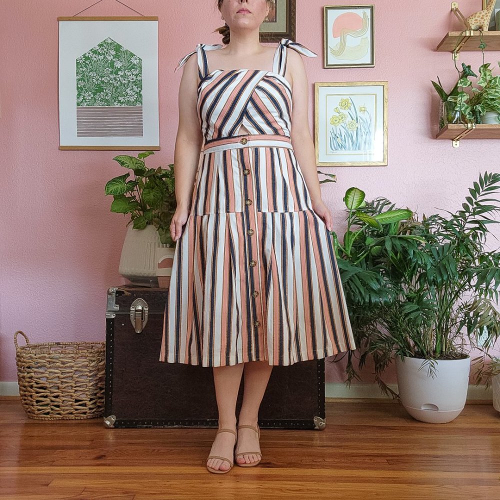 Gianni Bini Striped Button Down Cut Out Midi Dress Size L Like New